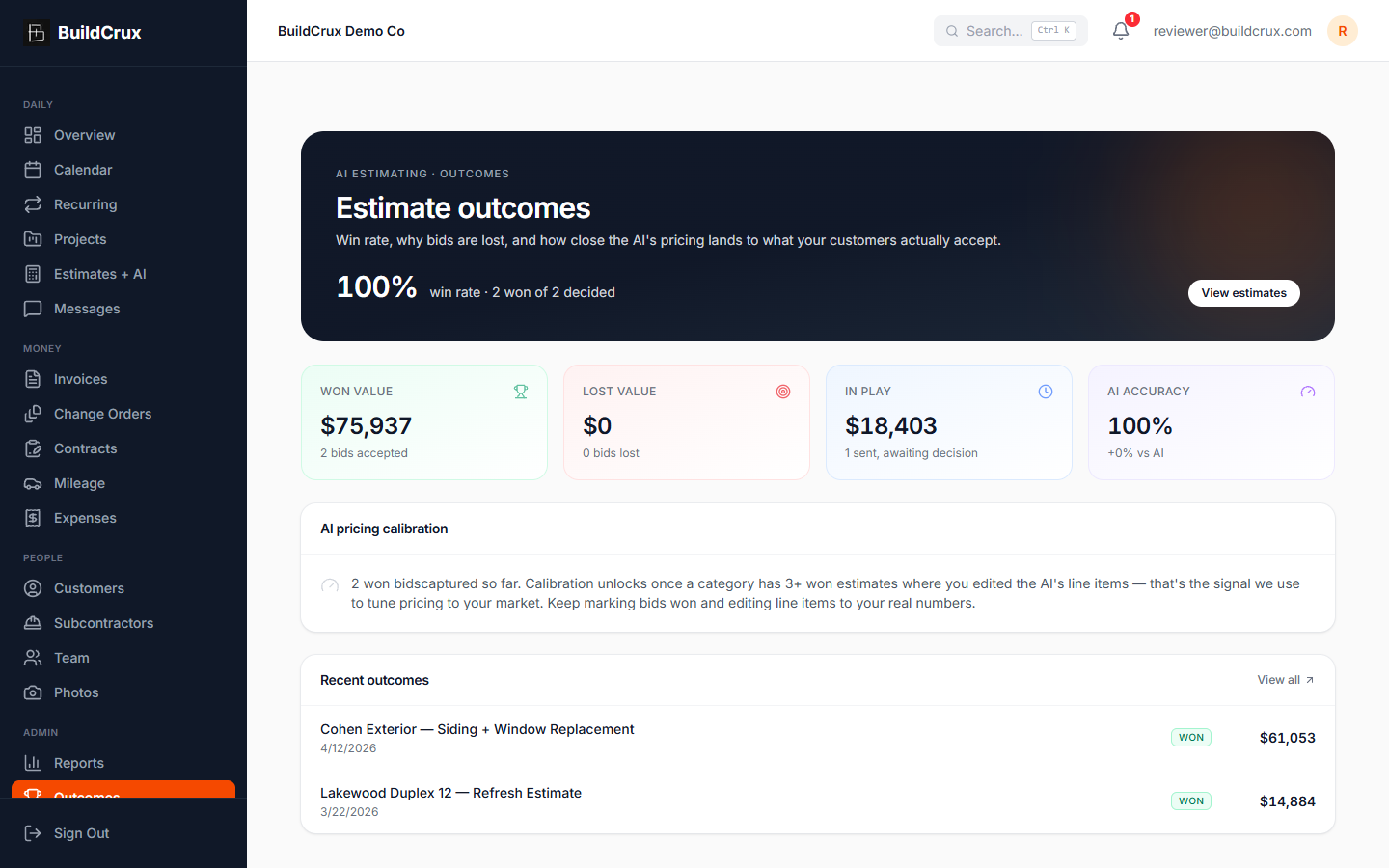 Bid Outcome Tracking & Win Rate — live product screenshot