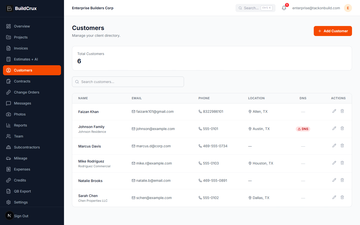 Customers screenshot