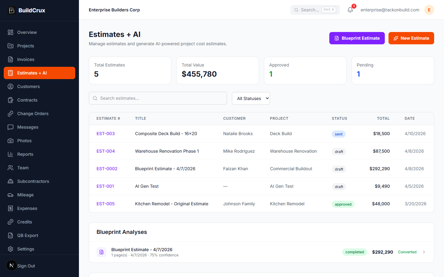 Estimates + AI screenshot