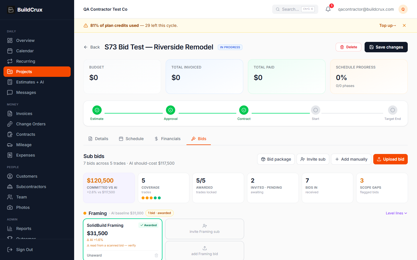 Sub-Bid Leveling — live product screenshot