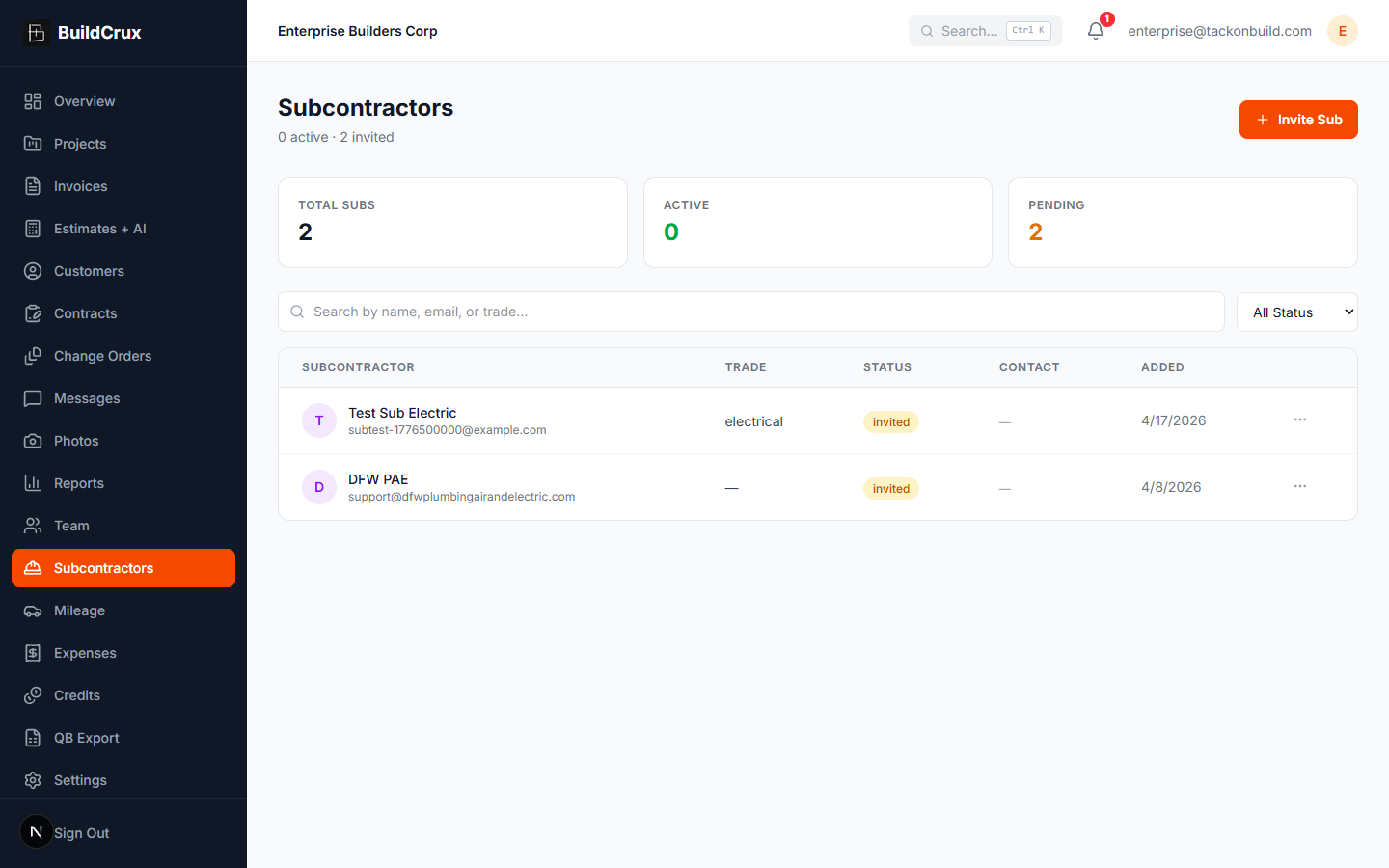 Subcontractors screenshot